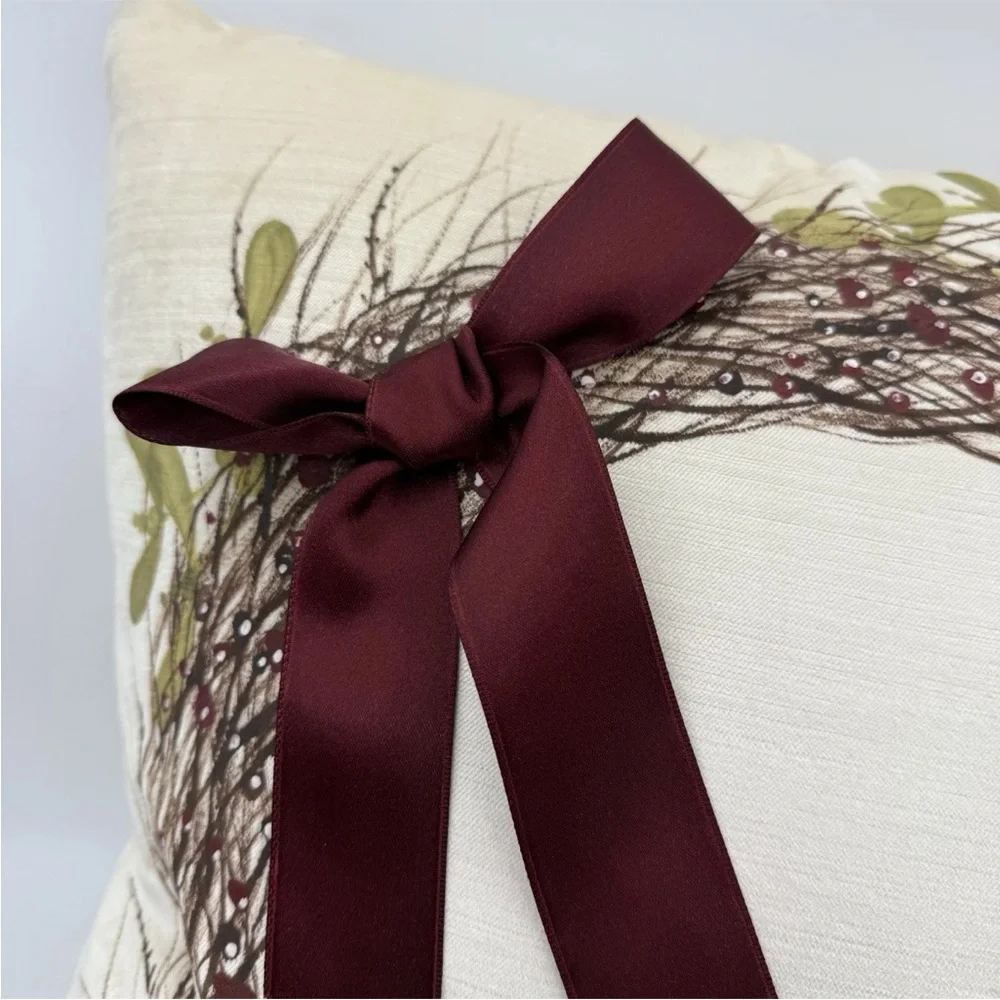 Hand Painted Wreath Pillow white w/Red Bow 22x22” By Eastern Accents- Studio 773